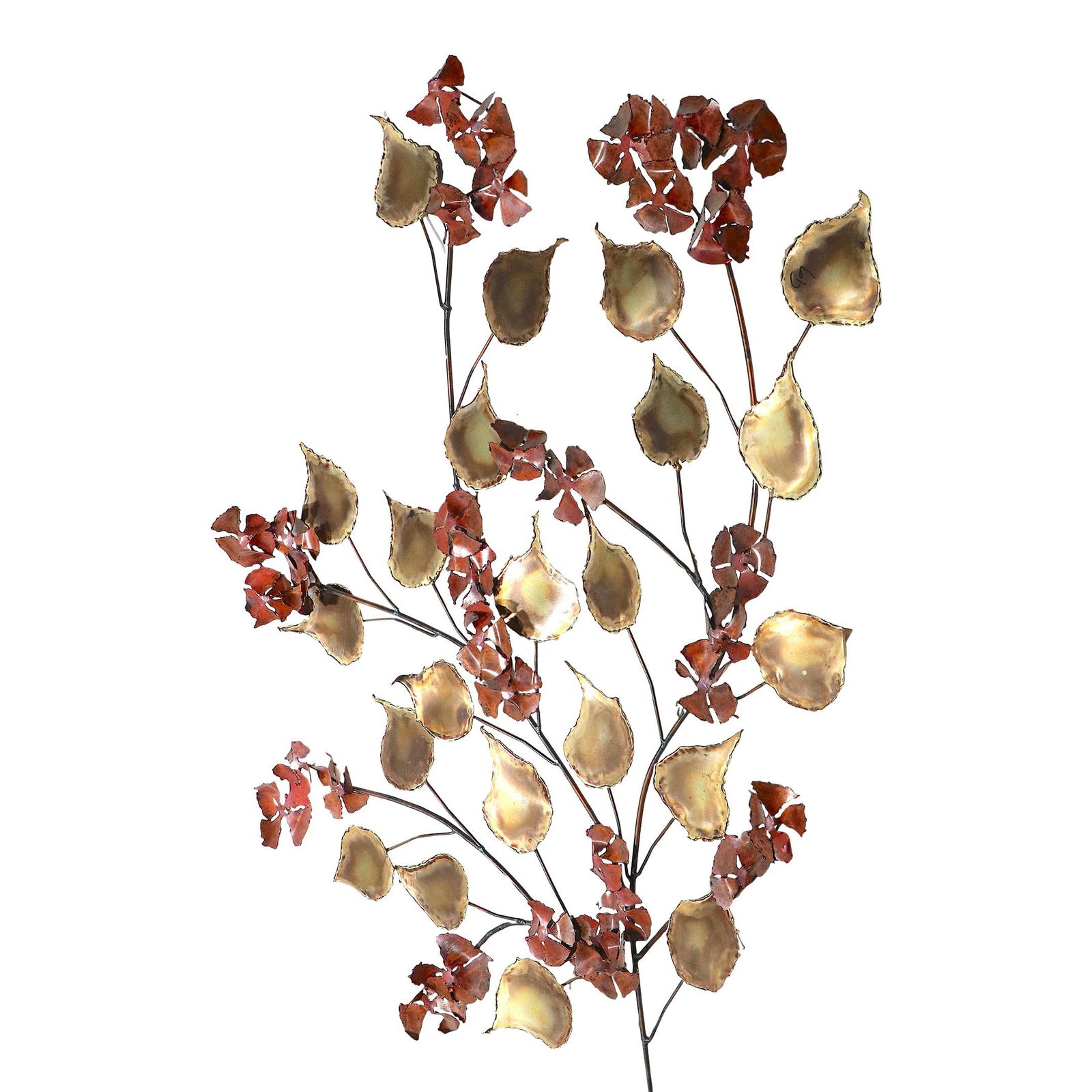 Brutalist Leaf Metal Wall Sculpture 1970s Signed Jere Style: Brutalist Leaf Metal Wall Sculpture 1970s Signed Jere Style This striking Brutalist wall-mounted metal leaf sculpture embodies the artistic style of the 1970s and is signed, though the signature is il