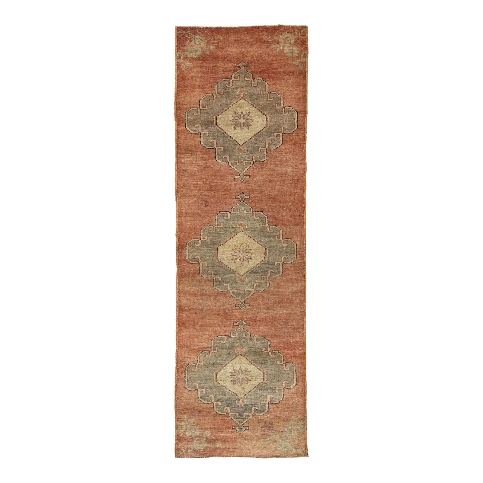 Vintage Turkish Wool Runner Terracotta Tribal Geometric Design 2'7 x 8'4: Vintage Turkish Wool Runner Terracotta Tribal Geometric Design 2'7 x 8'4 This stunning vintage Turkish runner showcases a rich terracotta field adorned with a captivating tribal geometric design. The