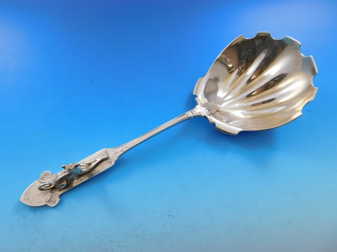 Rare Gorham Sterling Silver Hound Serving Spoon 9 Inch: Rare Gorham Sterling Silver Hound Serving Spoon 9 Inch This exquisite serving spoon from Gorham showcases the renowned Hound pattern, featuring a beautifully detailed figural hound handle that is full