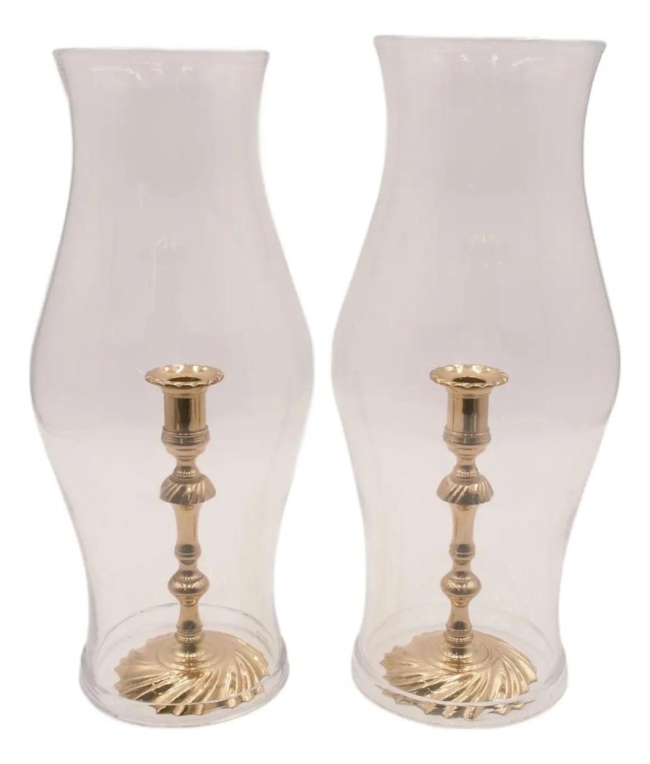 Baldwin Vintage Brass Candlestick Pair with Swirl Base and Globes: Baldwin Vintage Brass Candlestick Pair with Swirl Base and Globes This stunning pair of Baldwin brass candlesticks features a classic swirl base design, perfect for adding a touch of elegance to your