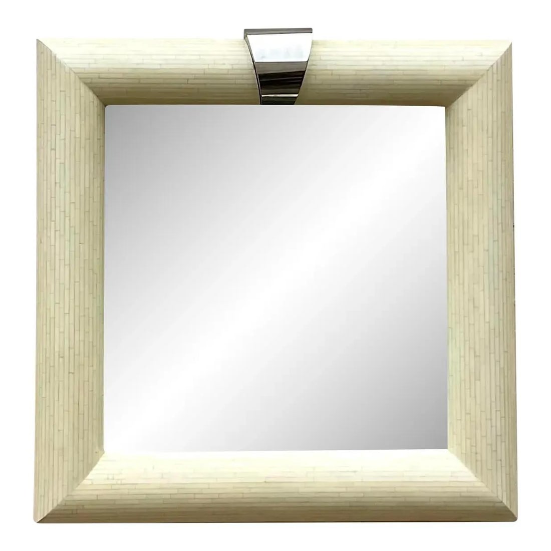 Vintage Boho Tessellated Bone Mirror with Chrome Accent: Vintage Boho Tessellated Bone Mirror with Chrome Accent This stunning Vintage Boho mirror showcases a monumental design, featuring a chic tessellated bone frame that offers a clean and modern aestheti