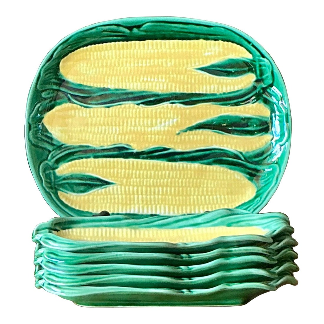 Vintage Majolica Corn Cob Serving Set of 6 Plates and Platter: Vintage Majolica Corn Cob Serving Set of 6 Plates and Platter Enhance your summer dining with this charming vintage Majolica corn serving set. This delightful six-piece collection features a generous