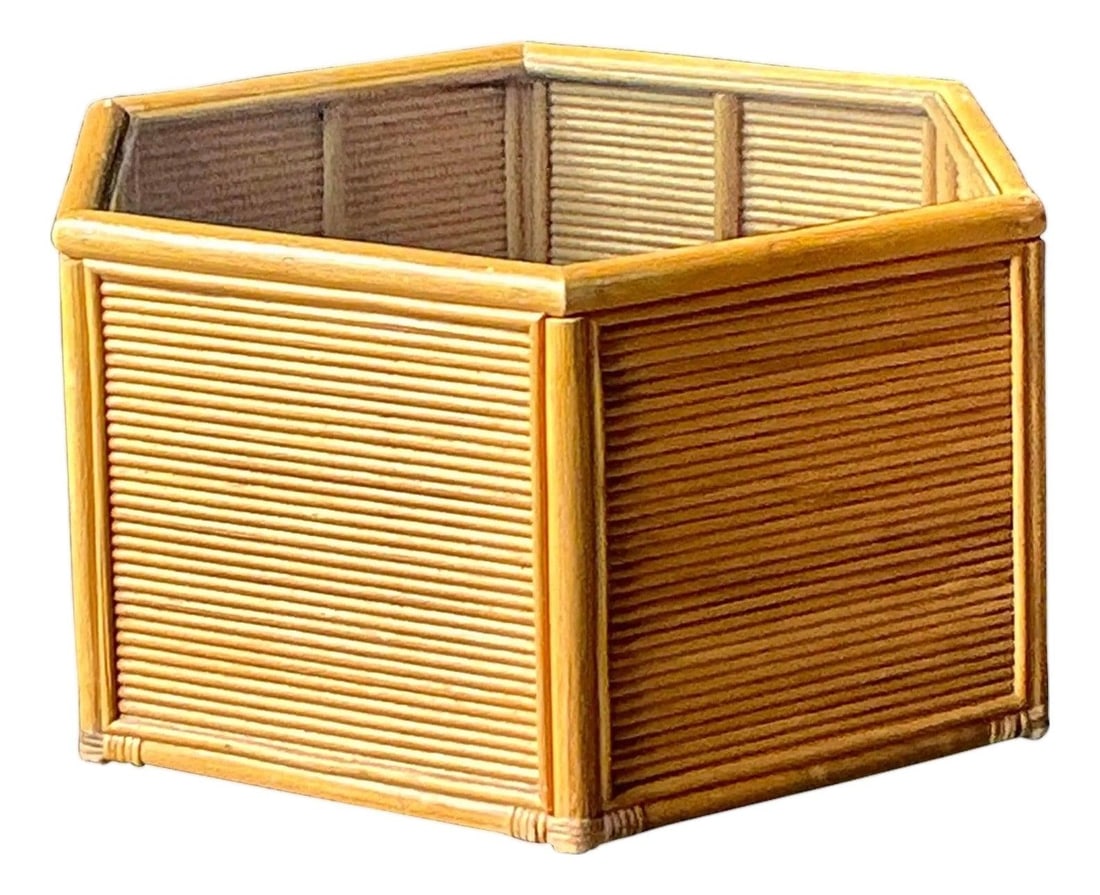 Vintage Boho Rattan Hexagonal Coffee Table with Glass Top: Vintage Boho Rattan Hexagonal Coffee Table with Glass Top This vintage boho faceted rattan table beautifully showcases the resort-style elegance of mid-century tropical design, making it an ideal addi