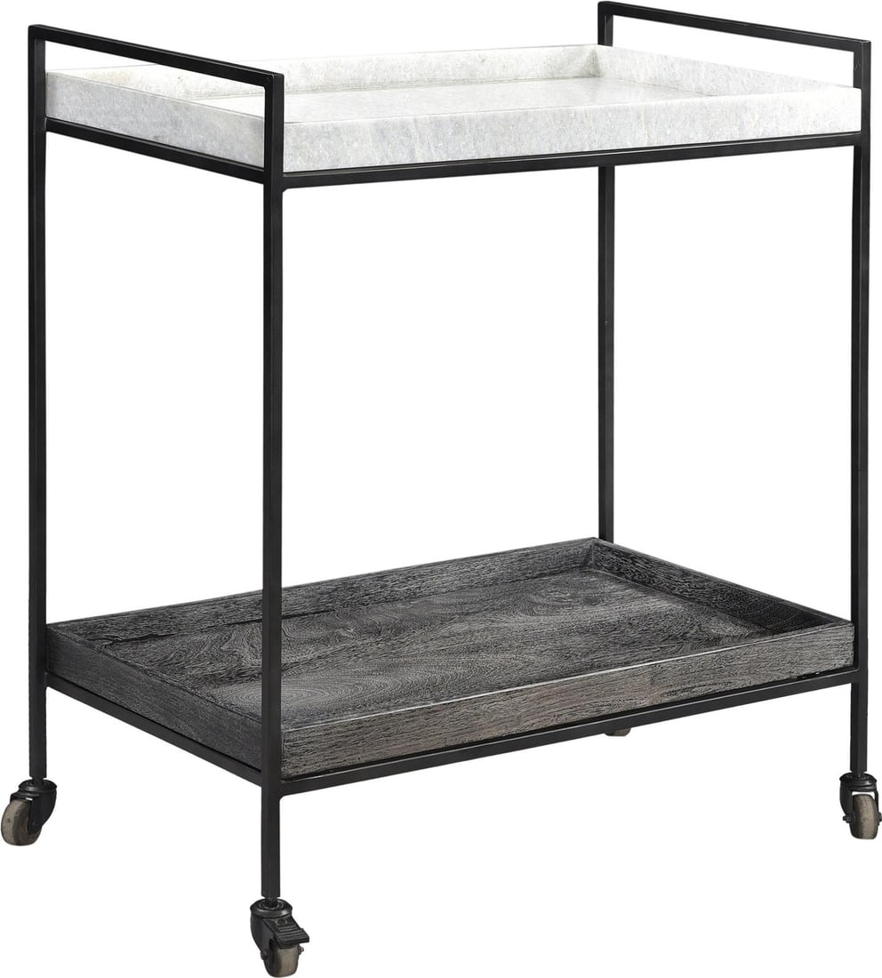 Cortana Marble Bar Cart with Black Wood and Gunmetal Finish: Cortana Marble Bar Cart with Black Wood and Gunmetal Finish Elevate your entertaining experience with the Sophisticated Cortana Marble Bar Cart. This stylish bar cart features a striking combination o