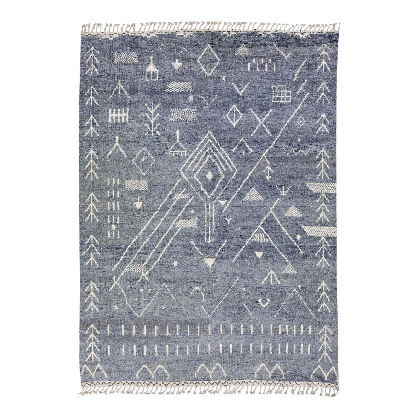 Navy Blue Handmade Moroccan Berber Art Deco Wool Rug 9' x 12'1: Navy Blue Handmade Moroccan Berber Art Deco Wool Rug 9' x 12'1 Elevate your space with this stunning handmade Moroccan Berber style wool rug. Featuring a deep navy blue field adorned with elegant beig