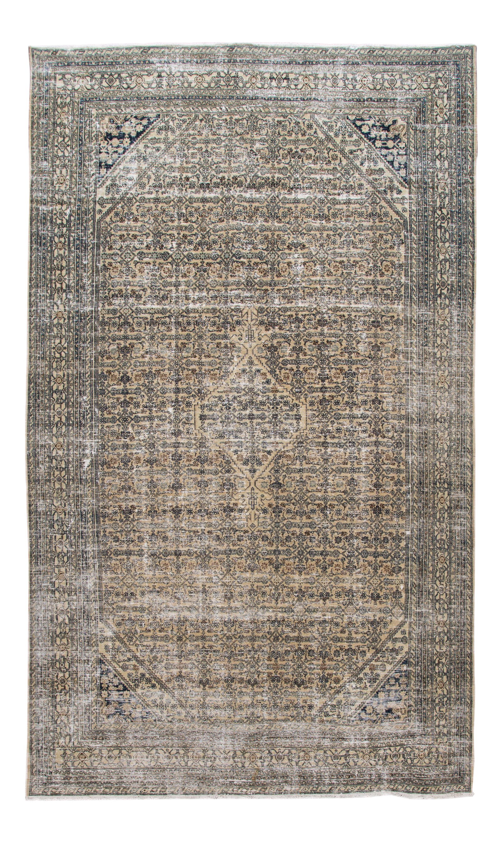 Vintage Malayer Beige Floral Handmade Wool Rug 10'2 x 17: Vintage Malayer Beige Floral Handmade Wool Rug 10'2 x 17 Experience the charm of a vintage aesthetic with this exquisite Malayer hand-knotted wool rug. Featuring a soft beige field adorned with intric
