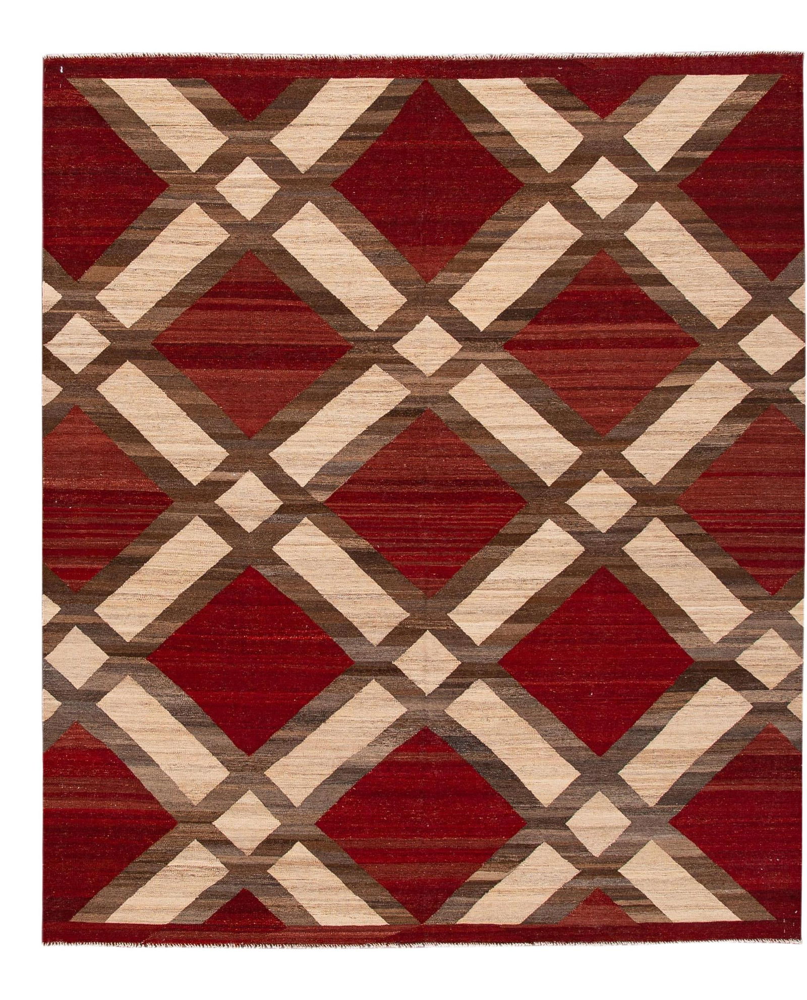 Modern Kilim Wool Rug Red Beige Geometric 8'3 x 9'9: Modern Kilim Wool Rug Red Beige Geometric 8'3 x 9'9 Enhance your living space with this stunning modern Kilim flat-weave wool rug, featuring a vibrant red field complemented by beige and brown accents