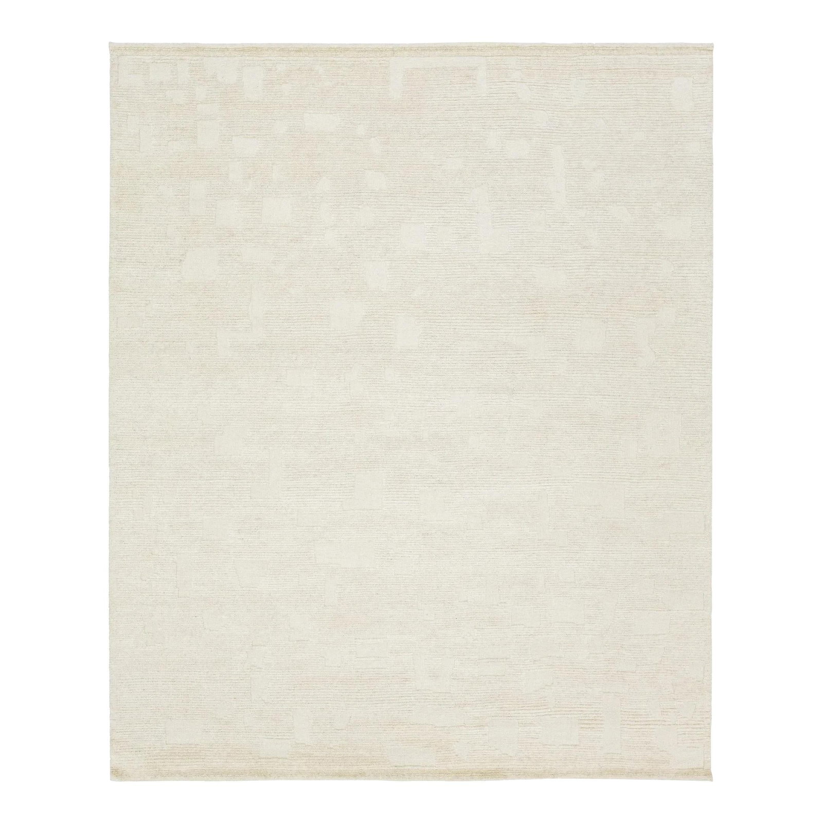 Contemporary Ivory Wool Rug Minimalist Design 8'1 x 9'10: Contemporary Ivory Wool Rug Minimalist Design 8'1 x 9'10 Enhance your living space with this stunning hand-knotted Moroccan-style wool rug, featuring a contemporary design on a natural ivory backgroun