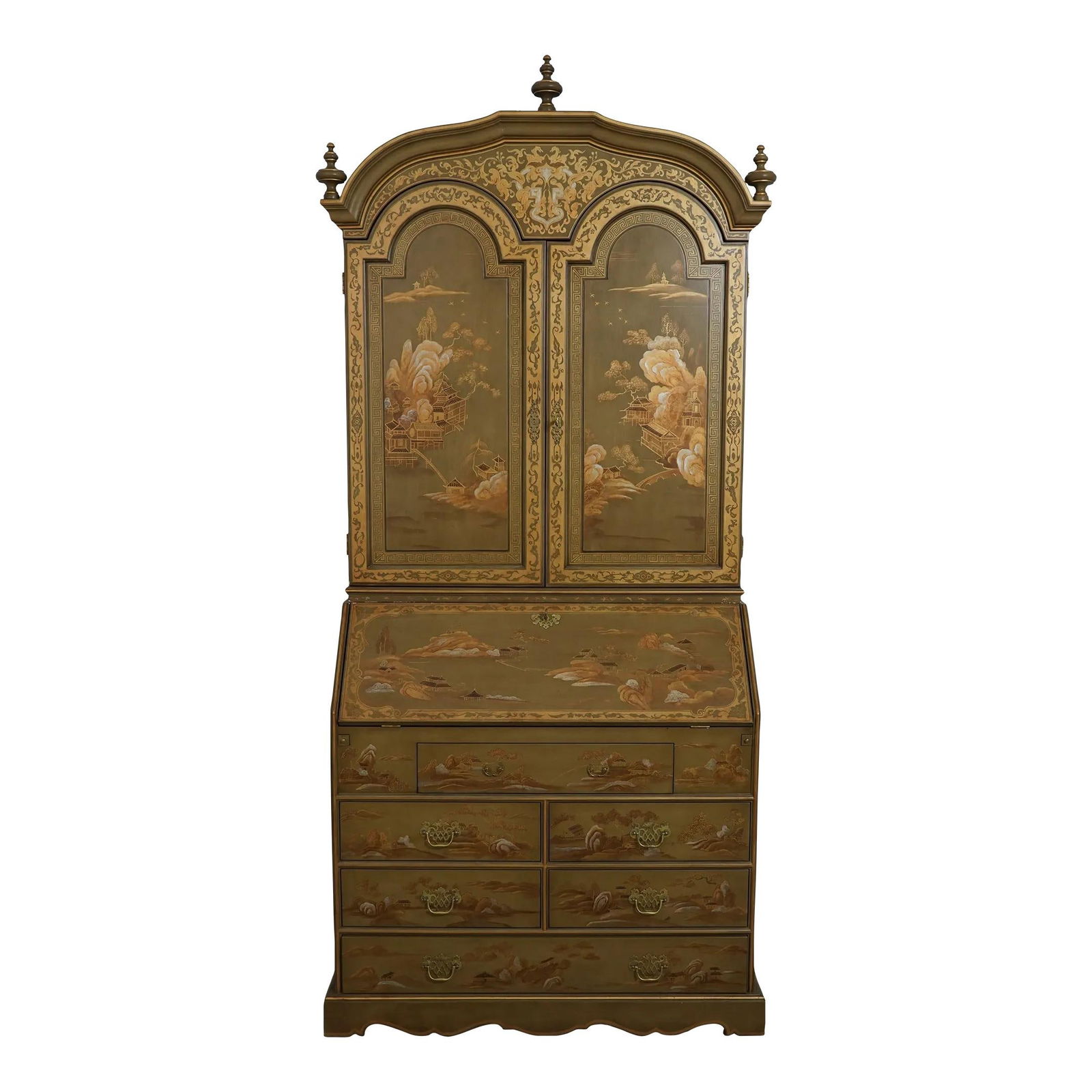 Julia Gray Chinoiserie Painted Secretary Desk Gold Wood 42w x 21.5d x 92h: Julia Gray Chinoiserie Painted Secretary Desk Gold Wood 42w x 21.5d x 92h Enhance your space with this stunning Chinoiserie painted secretary desk, approximately 25 years old. This exquisite piece fea