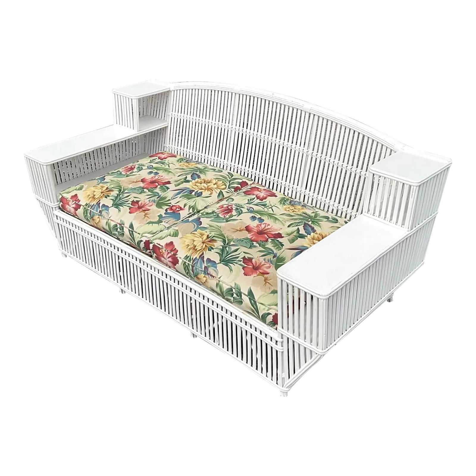 Vintage Bielecky Brothers Stick Rattan Sofa White Floral Cushions: Vintage Bielecky Brothers Stick Rattan Sofa White Floral Cushions Embrace timeless coastal elegance with this Vintage Stick Rattan Sofa, drawing inspiration from the renowned craftsmanship of Bielecky