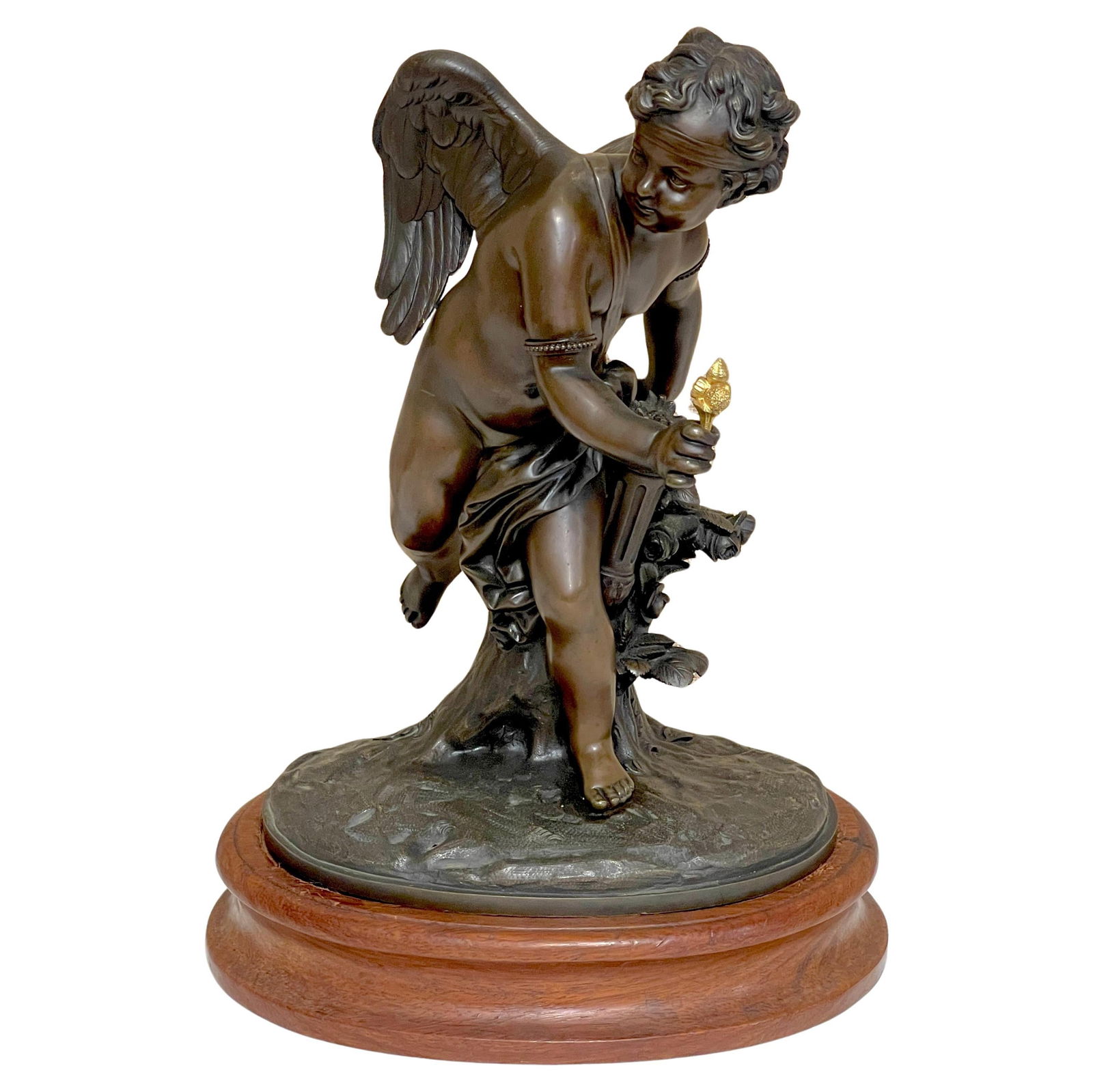 Bronze Cupid Sculpture Attributed to Auguste Moreau France Circa 1890: Bronze Cupid Sculpture Attributed to Auguste Moreau France Circa 1890 This late 19th-century French bronze figure of Cupid is attributed to Auguste Moreau. The sculpture features a draped angel or cup