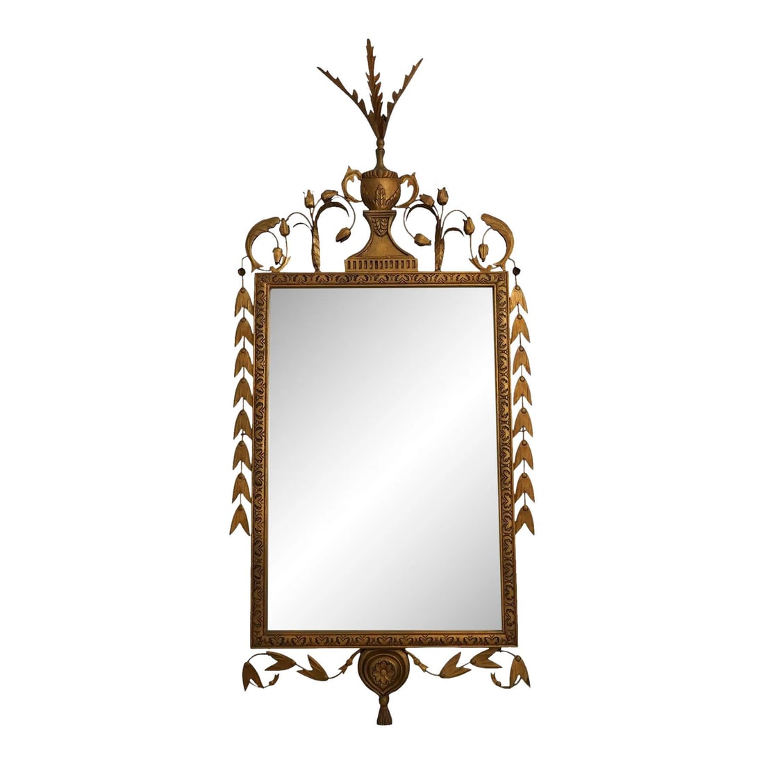 English Adam Style Gold Finish Toleware Mirror 26 x 61: English Adam Style Gold Finish Toleware Mirror 26 x 61 This stunning decorative mirror features a beautiful gold finish and beveled glass, showcasing the elegance of English Adam style design. Crafted