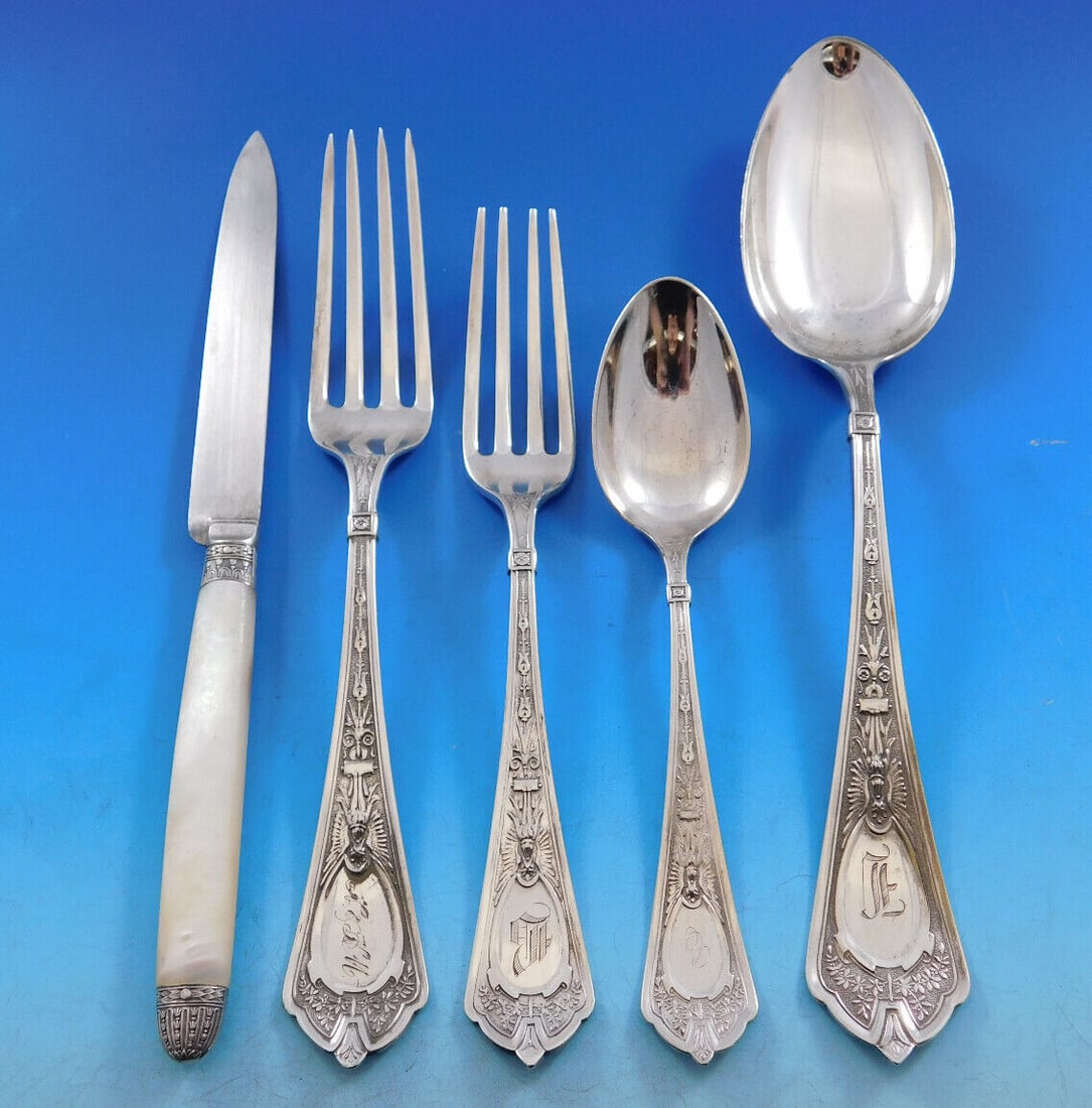 Cleopatra Sterling Silver Flatware Set 65 pcs by Schulz & Fischer: Cleopatra Sterling Silver Flatware Set 65 pcs by Schulz & Fischer Introducing the Cleopatra Sterling Silver Flatware Set by Schulz and Fischer, an exquisite collection that embodies the rich history o
