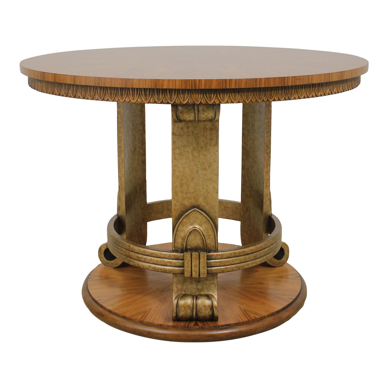 Theodore Alexander Biedermeier Round Walnut High Top Table: Theodore Alexander Biedermeier Round Walnut High Top Table This Theodore Alexander Round Walnut High Top Center Table features exceptional craftsmanship and a striking Biedermeier design. The table bo