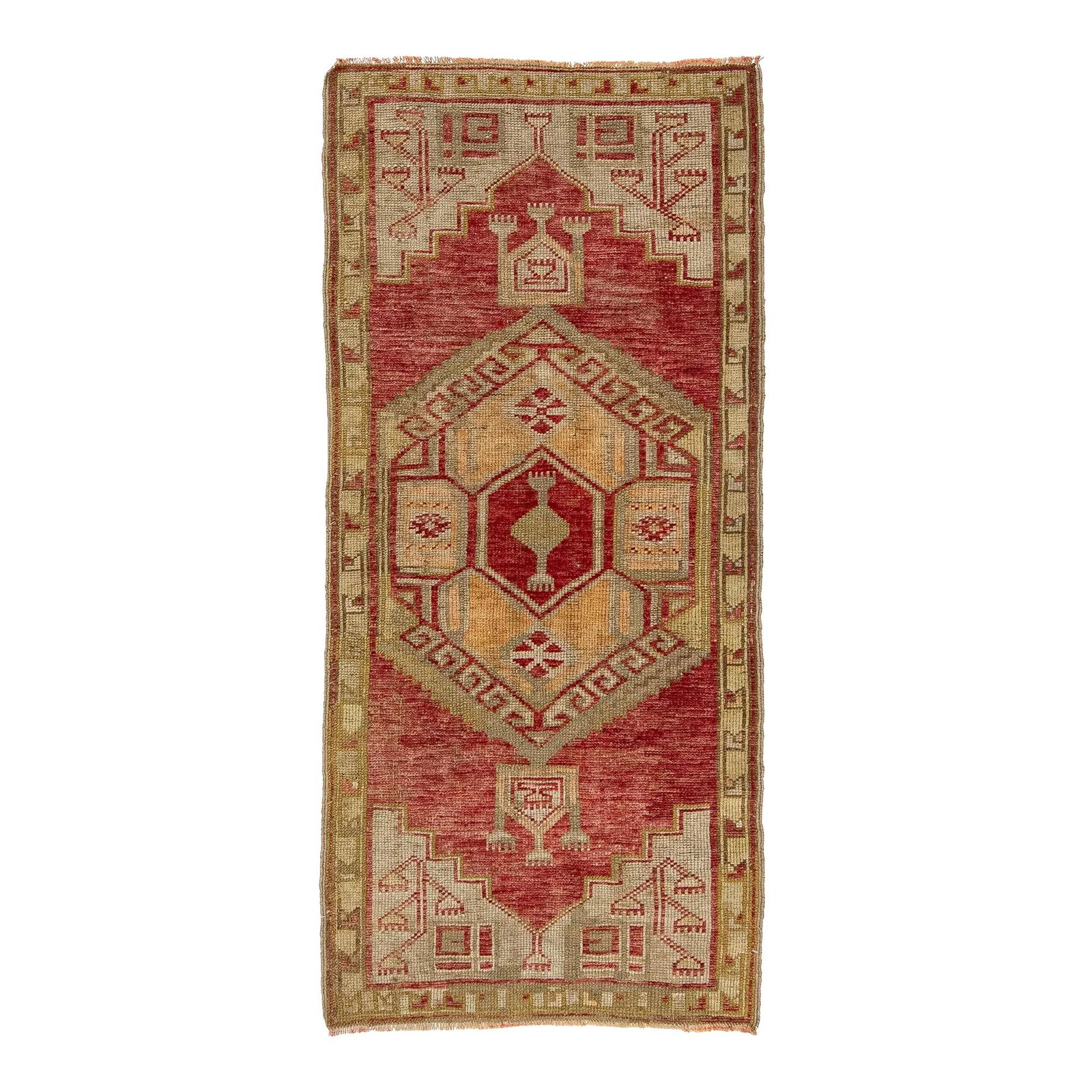 Red Vintage Turkish Handmade Geometric Wool Rug 2'3 x 5': Red Vintage Turkish Handmade Geometric Wool Rug 2'3 x 5' Discover a stunning vintage Anatolian hand-knotted wool rug that features a vibrant red color field. This exquisite piece is adorned with elega