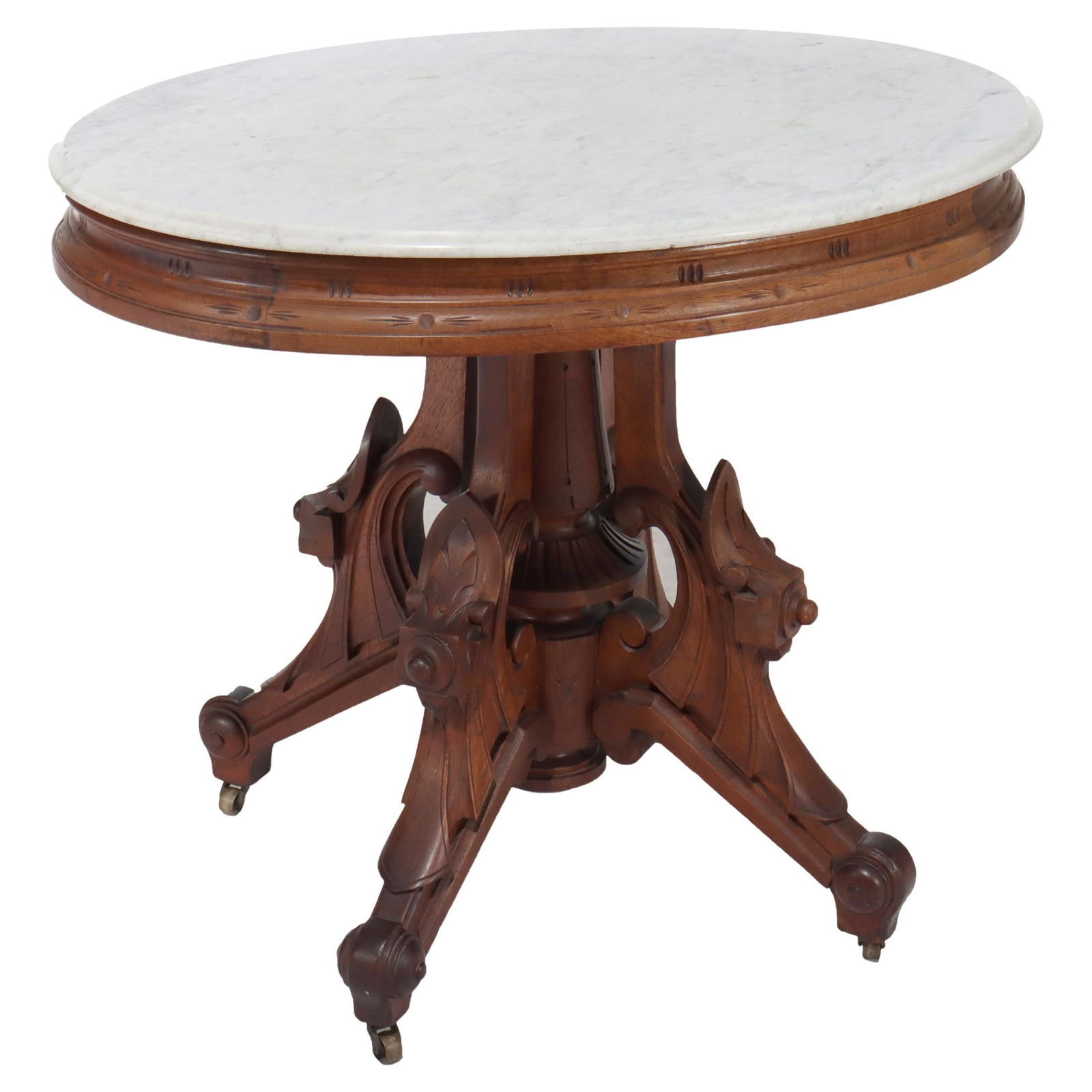 Antique Berkey & Gay Renaissance Revival Carved Walnut Table with Marble Top C1880 (1 of 11)
