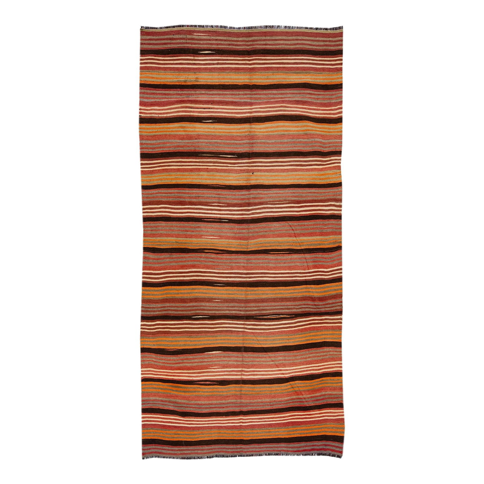 1960s Handmade Multicolor Stripe Wool Kilim Rug 4'11 x 10'10: 1960s Handmade Multicolor Stripe Wool Kilim Rug 4'11 x 10'10 This stunning vintage Kilim rug showcases a vibrant multicolor stripe design, hand-knotted from high-quality wool. Its all-over geometric p