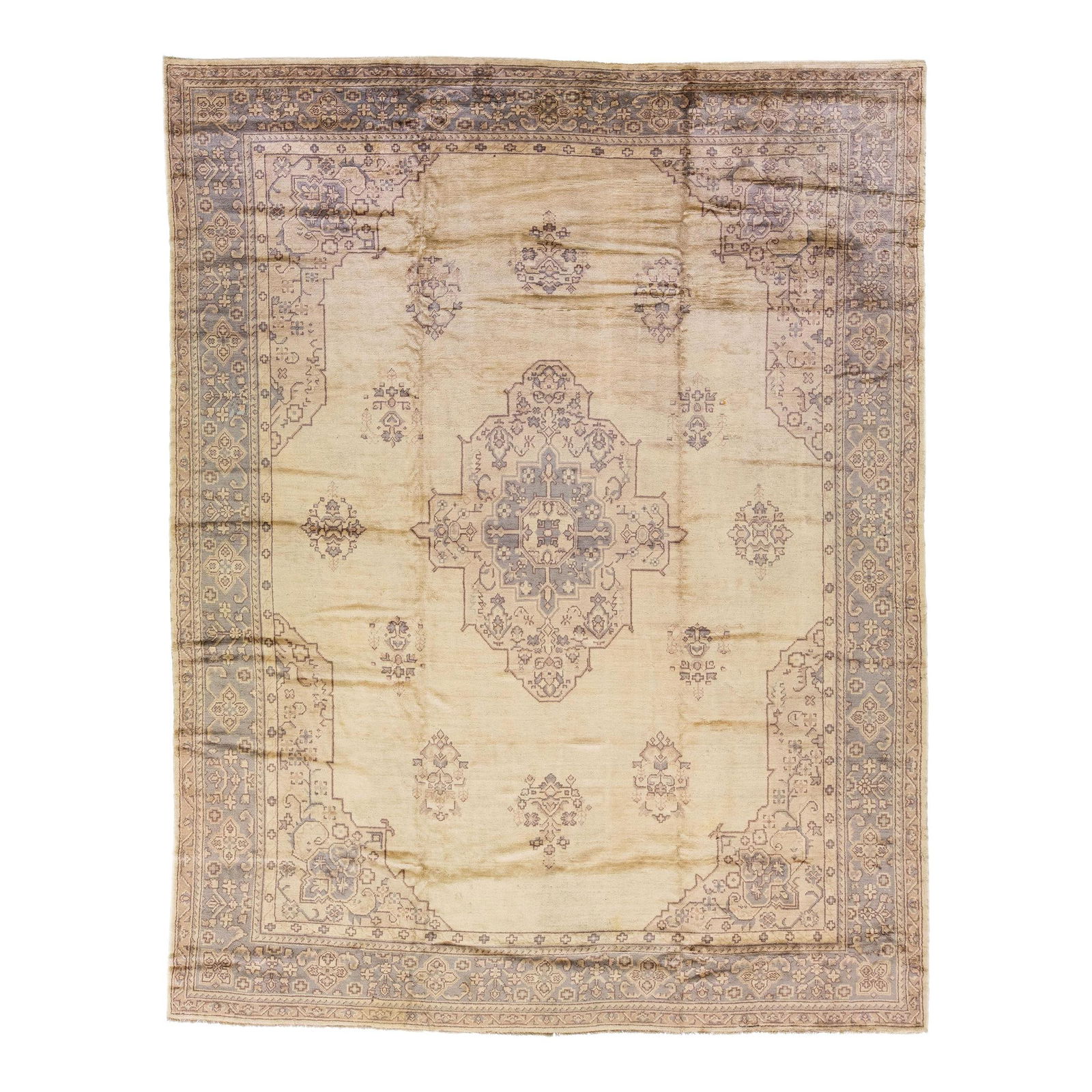 Antique Turkish Oushak 11'9 x 15'5 Wool Rug Beige Grey Motif: Antique Turkish Oushak 11'9 x 15'5 Wool Rug Beige Grey Motif This exquisite antique Turkish Oushak rug is a stunning example of craftsmanship from the 1920s. Hand-knotted from high-quality wool, it fe