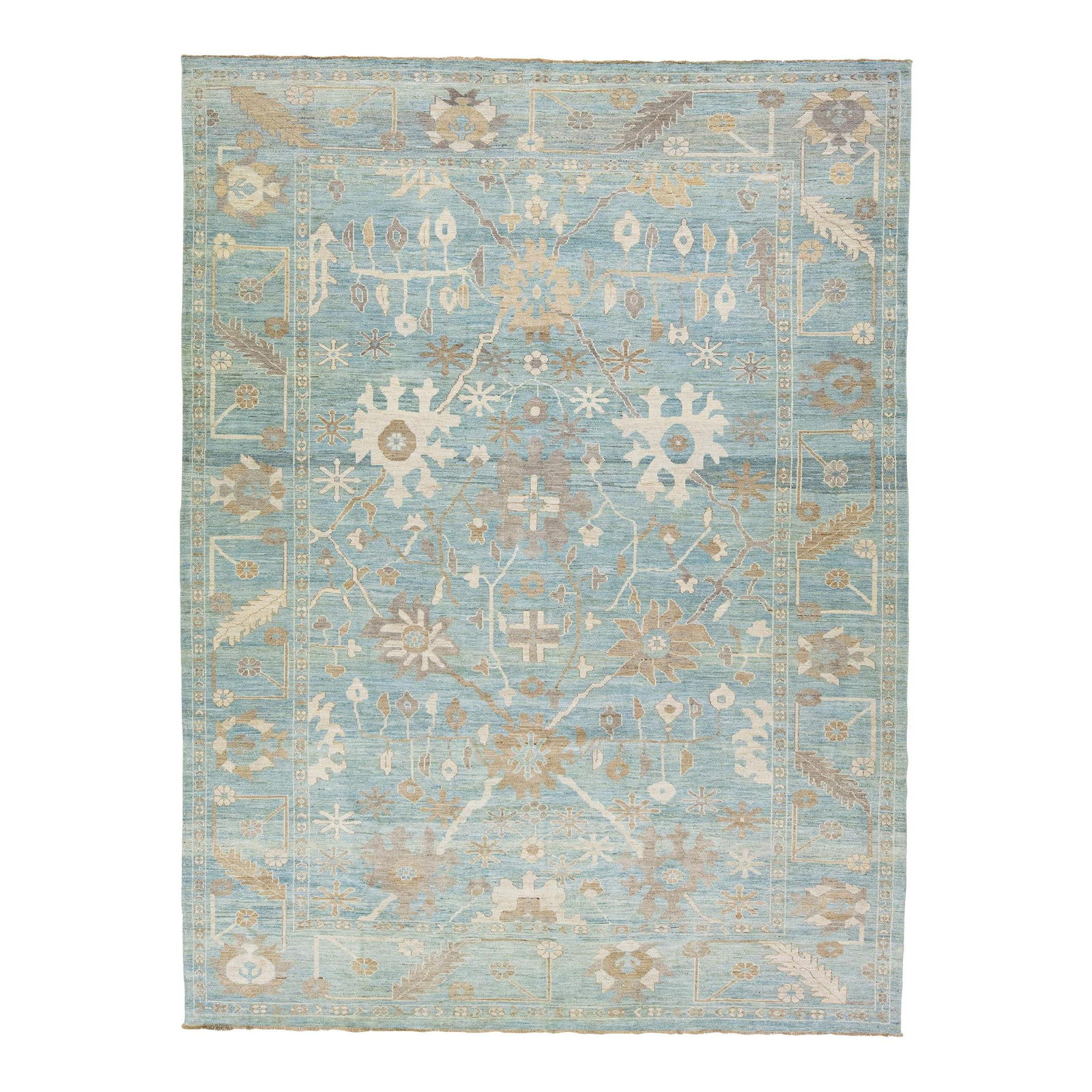 Mid Century Modern Persian Sultanabad Blue Floral Wool Rug 10'7 x 14'1: Mid Century Modern Persian Sultanabad Blue Floral Wool Rug 10'7 x 14'1 This exquisite mid-20th century modern Persian Sultanabad rug features a stunning blue field adorned with an elegant all-over cla