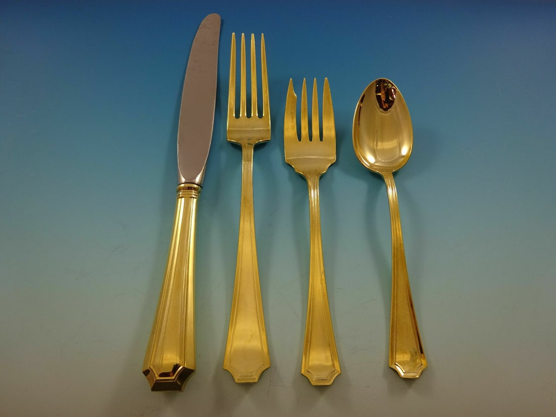 Durgin-Gorham Fairfax Vermeil Sterling Silver 4-Piece Flatware Set: Durgin-Gorham Fairfax Vermeil Sterling Silver 4-Piece Flatware Set This exquisite 4-piece flatware set features the Fairfax vermeil pattern by Durgin-Gorham, crafted from high-quality sterling silver.