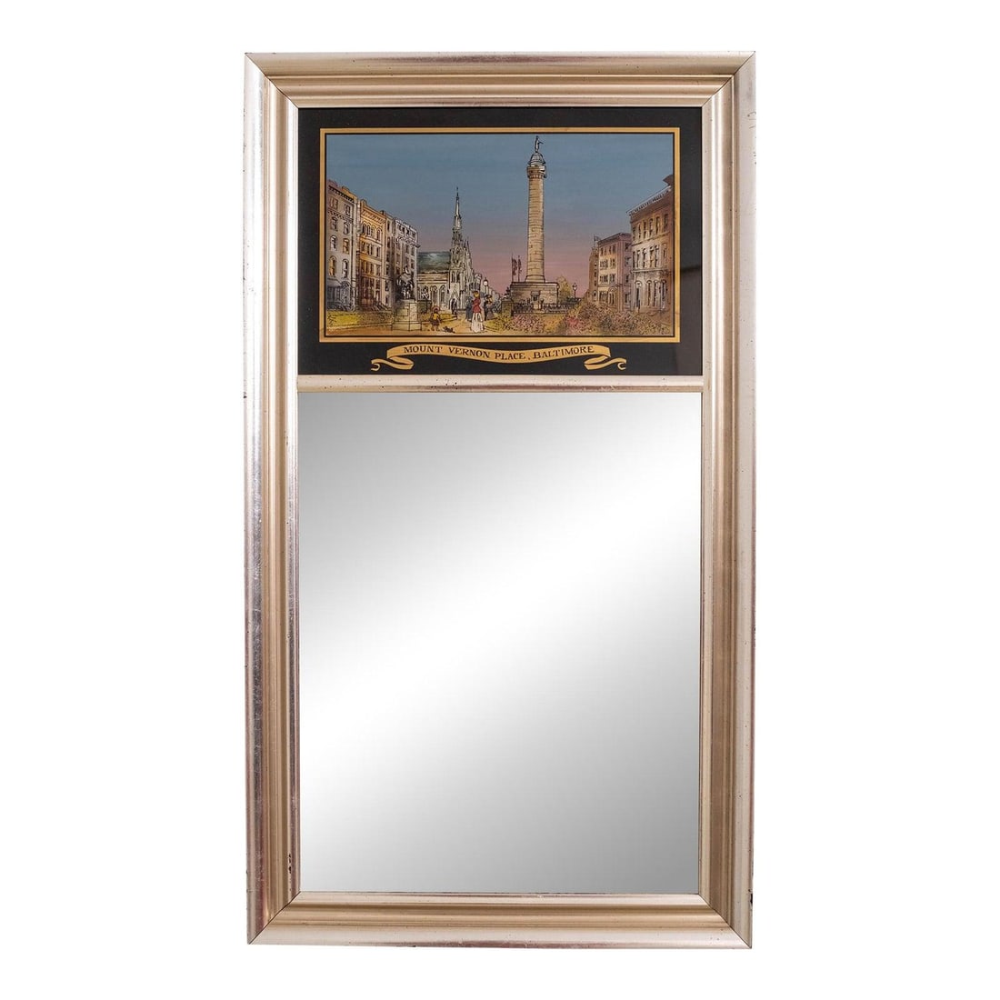 Reverse Painted Panel Mirror with Silver Finish Frame 15w x 26h: Reverse Painted Panel Mirror with Silver Finish Frame 15w x 26h This elegant mirror features a reverse painted panel at the top, known as eglomise, and is crafted with quality construction. The frame