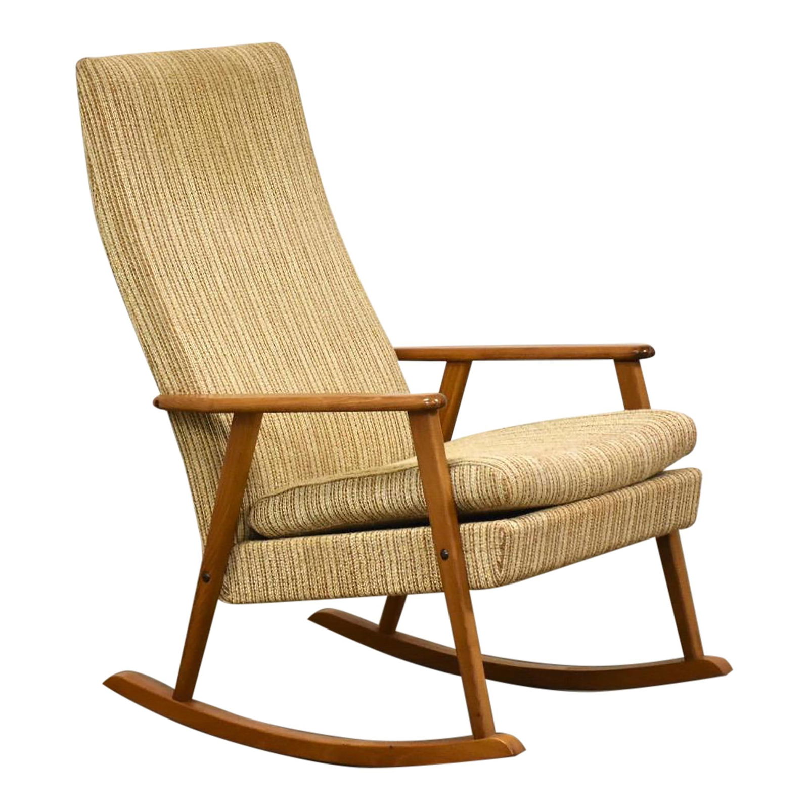 1960s Danish Modern Oak Rocking Chair Beige Mid Century: 1960s Danish Modern Oak Rocking Chair Beige Mid Century Experience the elegance of mid-century design with this 1960s Danish Modern Rocking Chair. Crafted with a sturdy oak frame, this rocking chair f