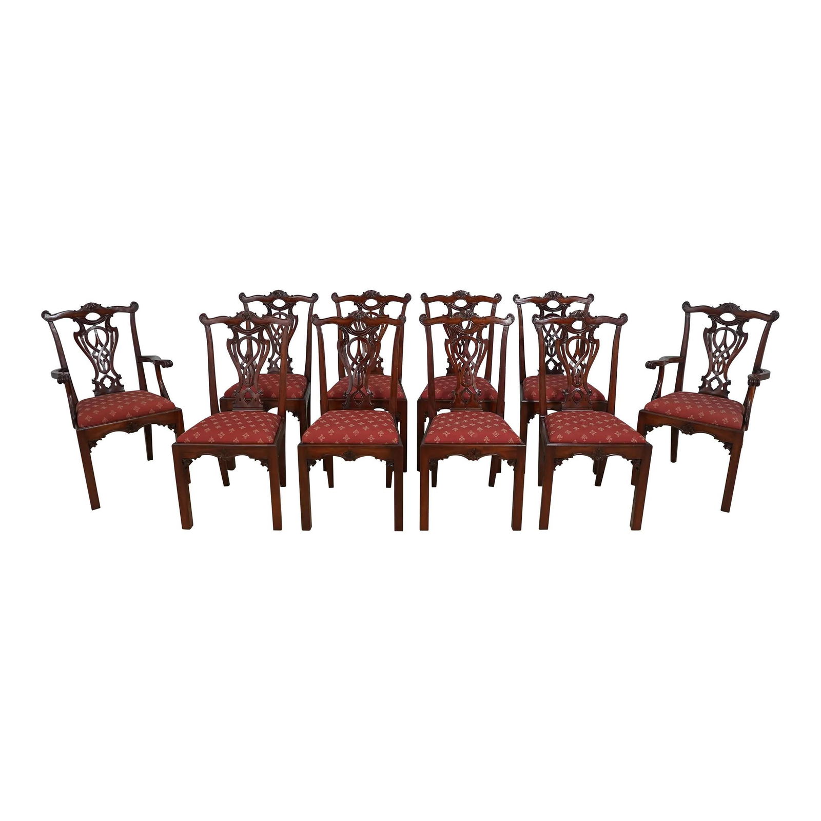 Set of 10 Bevan Funnel Chippendale Mahogany Dining Chairs: Set of 10 Bevan Funnel Chippendale Mahogany Dining Chairs Enhance your dining experience with this exquisite set of 10 Bevan Funnel Chippendale mahogany dining room chairs. Crafted with high-quality c