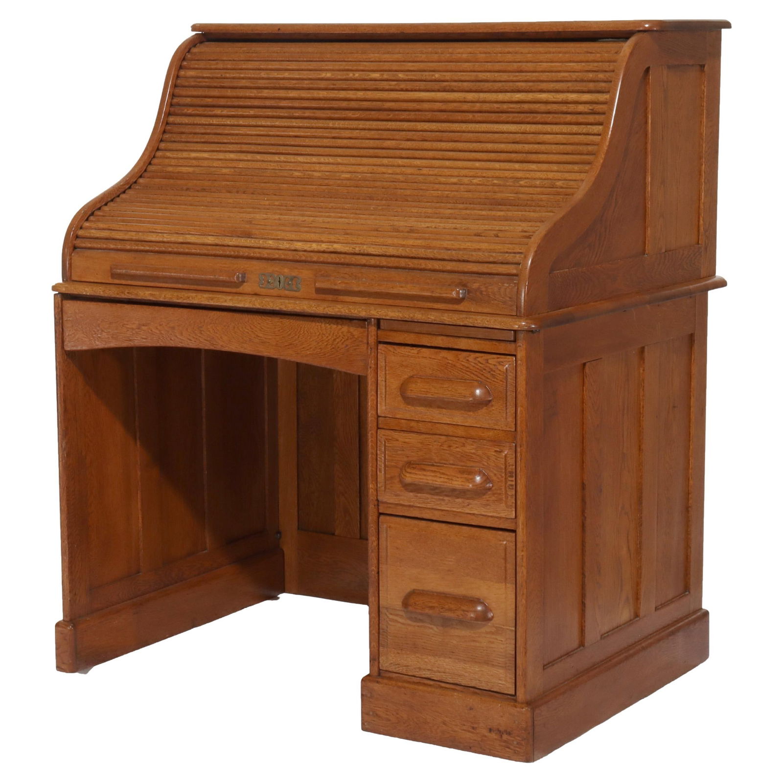 Vintage 1910 Oak S-Roll Top Single Pedestal Desk: Vintage 1910 Oak S-Roll Top Single Pedestal Desk This beautiful antique oak roll top desk, dating back to circa 1910, showcases a classic S-shaped roll top design that is both functional and elegant.