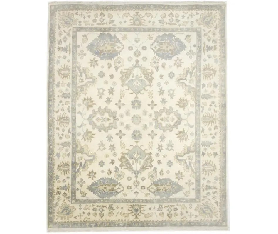 Handmade Vintage Floral Oushak Wool Rug 9'2 x 11'7 ft: Handmade Vintage Floral Oushak Wool Rug 9'2 x 11'7 ft Enhance your living space with this exquisite handmade floral Oushak Chobi rug, measuring 9'2" x 11'7". Crafted in India, this area rug features a