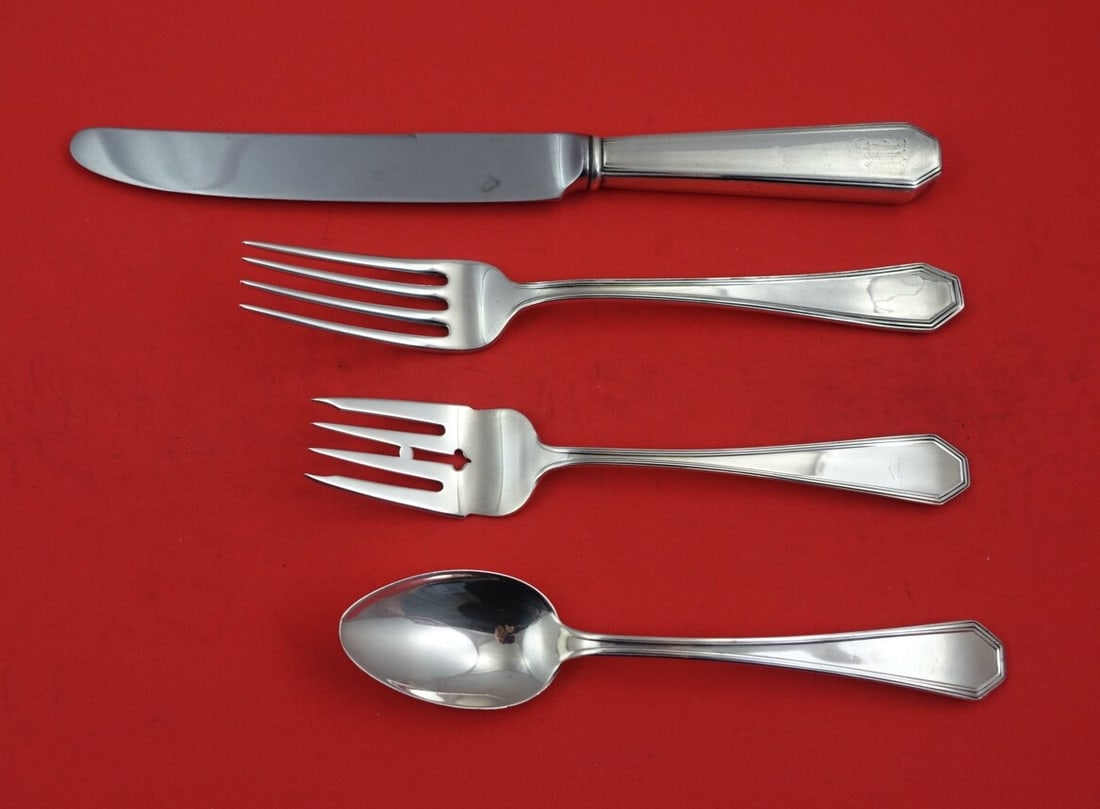 Dominick & Haff Queen Anne Plain Sterling Silver 4-Piece Set: Dominick & Haff Queen Anne Plain Sterling Silver 4-Piece Set This exquisite 4-piece setting in the Queen Anne Plain pattern by Dominick & Haff showcases the timeless elegance of sterling silver crafts