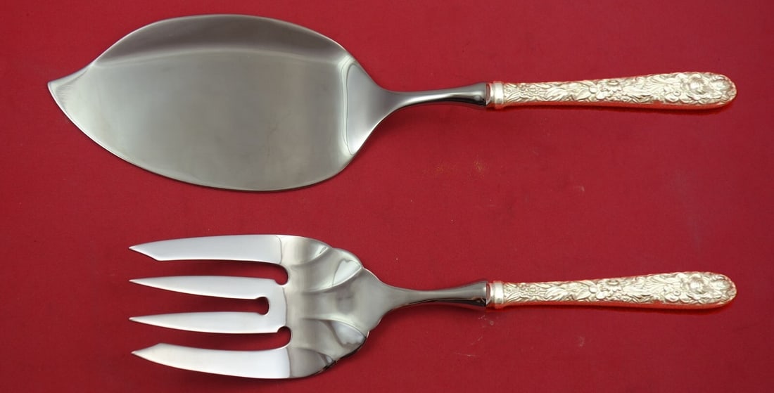 Kirk Repousse Sterling Silver Salmon Serving Set 2-Piece Custom Made: Kirk Repousse Sterling Silver Salmon Serving Set 2-Piece Custom Made Elevate your dining experience with this exquisite custom-made salmon serving set from Kirk, crafted in sterling silver. This two-p