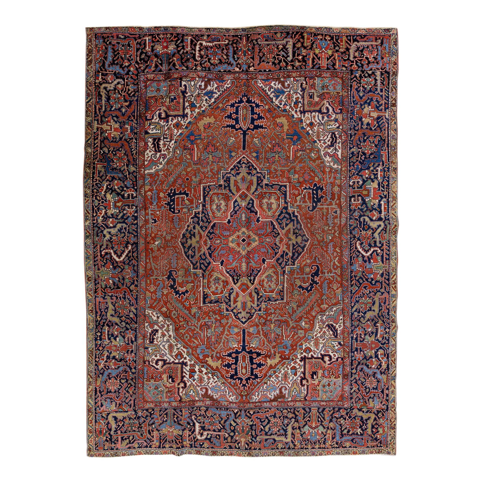 Antique Heriz Handmade Wool Rug Red Medallion Design 9'8 x 13'2: Antique Heriz Handmade Wool Rug Red Medallion Design 9'8 x 13'2 This stunning antique Heriz rug is skillfully hand-knotted from high-quality wool, featuring a vibrant red field adorned with a striking