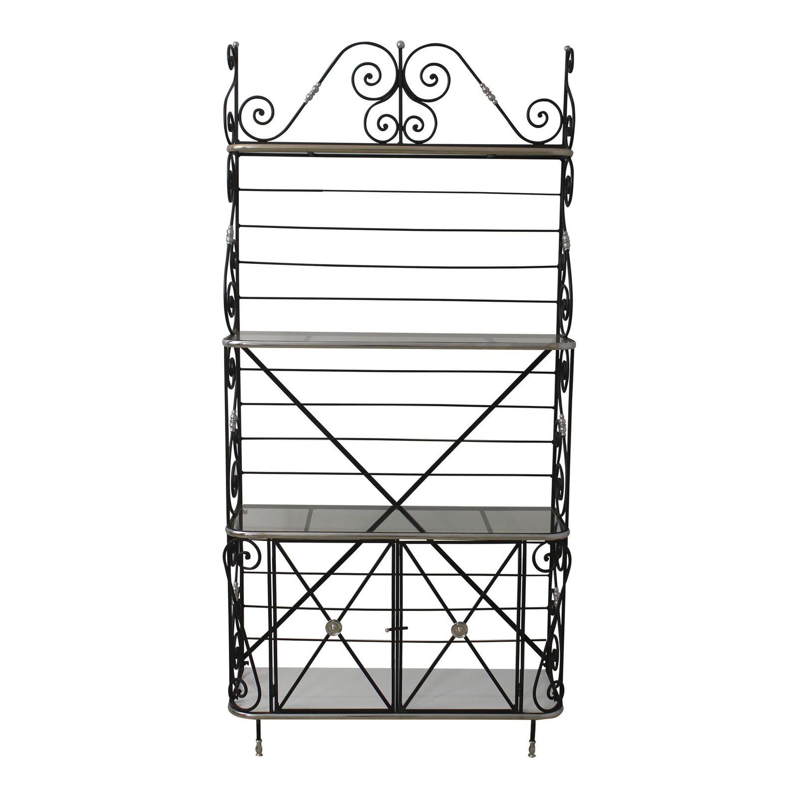 Elegant Black Wrought Iron French Style Bakers Rack with Milk Glass Shelf: Elegant Black Wrought Iron French Style Bakers Rack with Milk Glass Shelf This elegant Wrought Iron French Style Bakers Rack combines functionality with stunning design, making it a perfect addition t