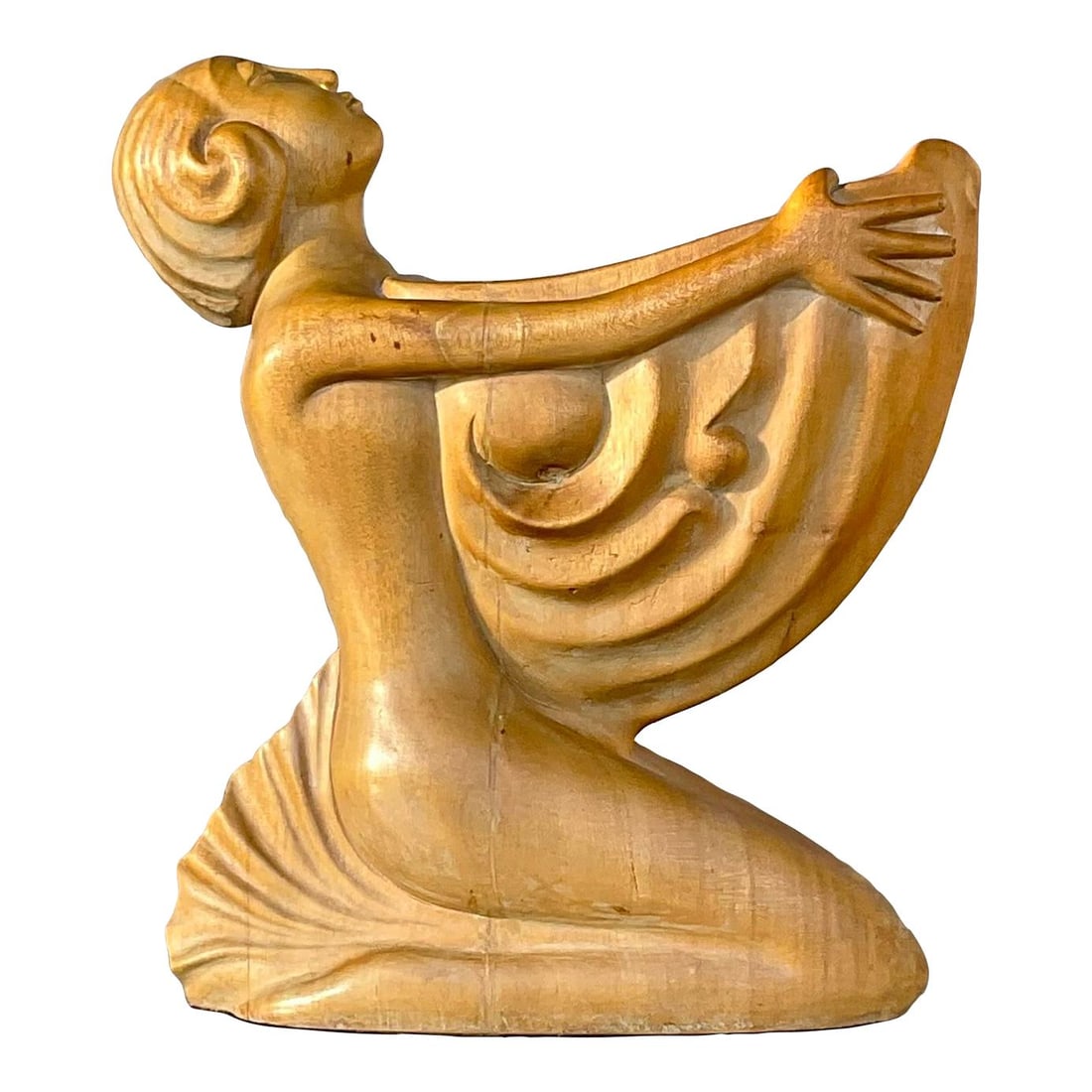 Vintage Boho Hand Carved Wooden Lady Holding Shell 14 Inch: Vintage Boho Hand Carved Wooden Lady Holding Shell 14 Inch This exquisite vintage Boho hand-carved wooden figure depicts a graceful lady holding a large nautilus shell. Crafted from high-quality wood,