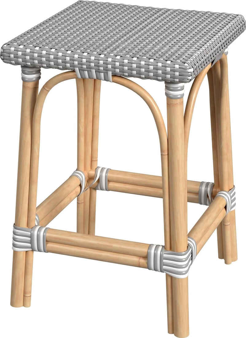 Butler Chic White Dot Coastal Style Counter Stool 24H: Butler Chic White Dot Coastal Style Counter Stool 24H Introducing the Chic White Dot Riviera Counter Stool, a stylish addition to your coastal-inspired decor. This stool features a natural rattan fram