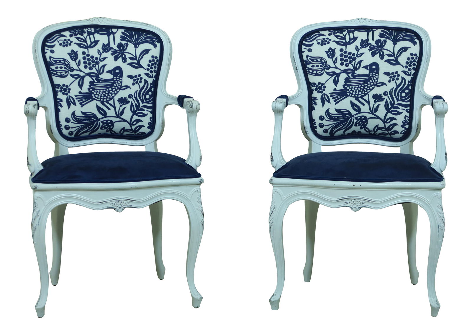 Vintage French Style Blue Dove Upholstered Armchairs Pair: Vintage French Style Blue Dove Upholstered Armchairs Pair This stunning pair of armchairs showcases a charming French style, featuring newly upholstered blue suede seats and a delightful dove print on