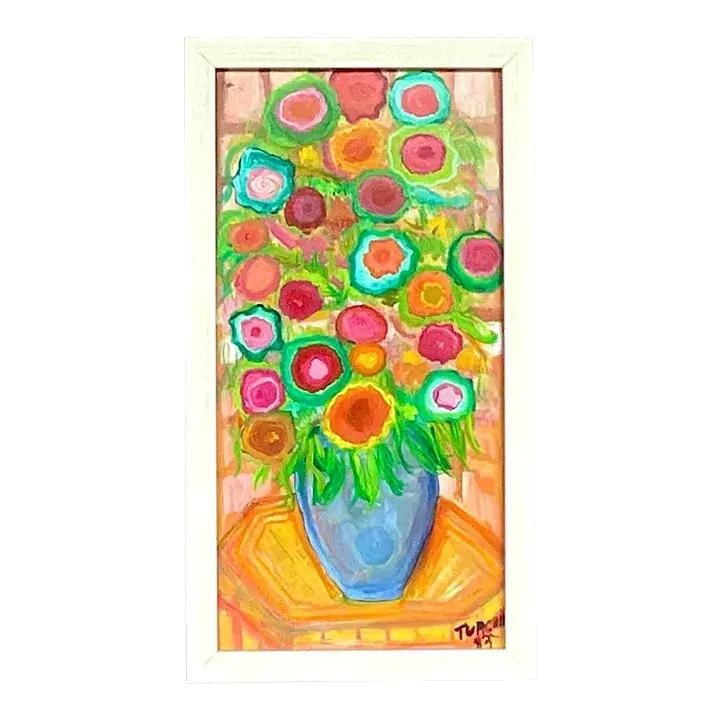 Bohemian Style Vintage Oil Painting Floral Vase Artwork Framed: Bohemian Style Vintage Oil Painting Floral Vase Artwork Framed This vintage boho painting features a vibrant arrangement of abstract flowers in a vase, blending warm and cool tones for a harmonious an