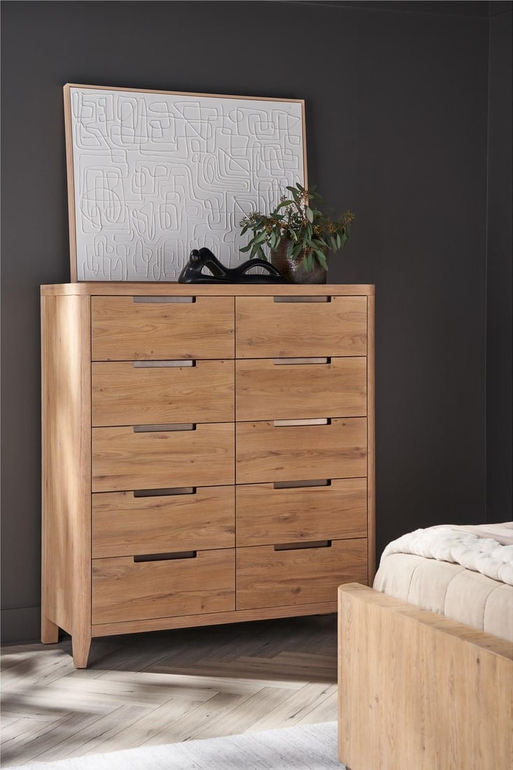 Universal Modern Walker Drawer Chest Organic Natural Oak 56H 50W 19D: Universal Modern Walker Drawer Chest Organic Natural Oak 56H 50W 19D Enhance your home storage with the Modern Walker Drawer Chest. This stylish chest stands at a height of 56 inches, with a width of