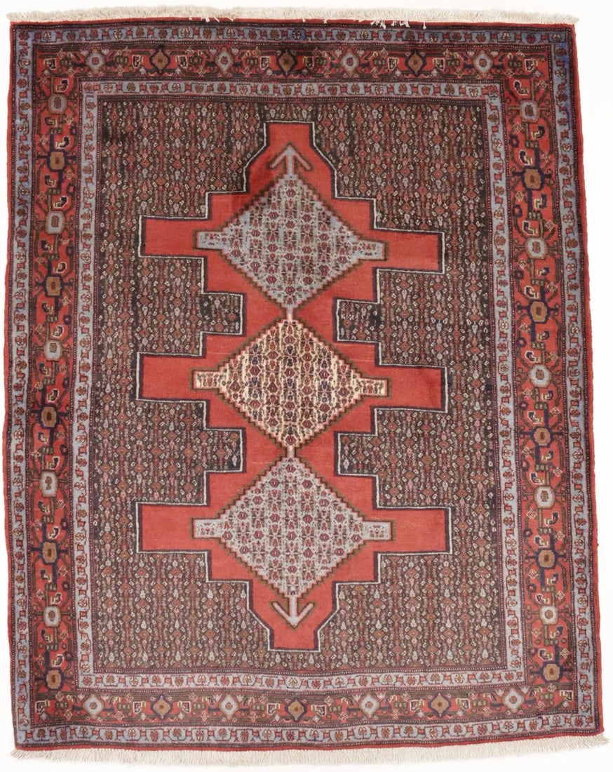 Handmade 4x5 Vintage Tribal Geometric Wool Area Rug: Handmade 4x5 Vintage Tribal Geometric Wool Area Rug Enhance your home decor with this handmade 4' x 5' tribal geometric Oriental rug, a perfect addition to hallways, bedrooms, and entryways. Crafted f