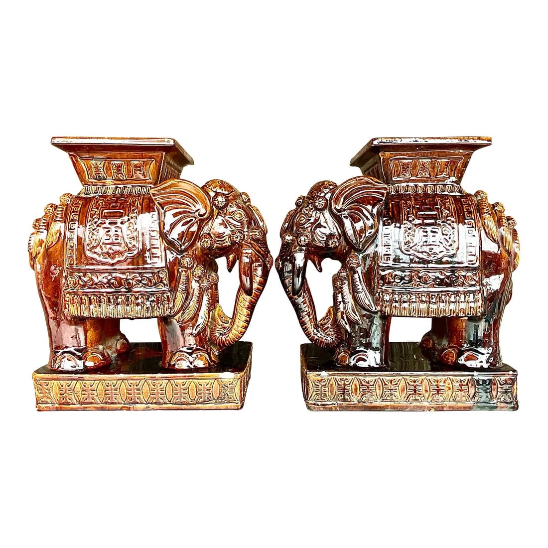 Pair of Vintage Root Beer Elephant Ceramic Garden Seats: Pair of Vintage Root Beer Elephant Ceramic Garden Seats Enhance your garden or patio with this exquisite pair of vintage glazed ceramic garden seats featuring the sought-after "Root Beer" elephant des