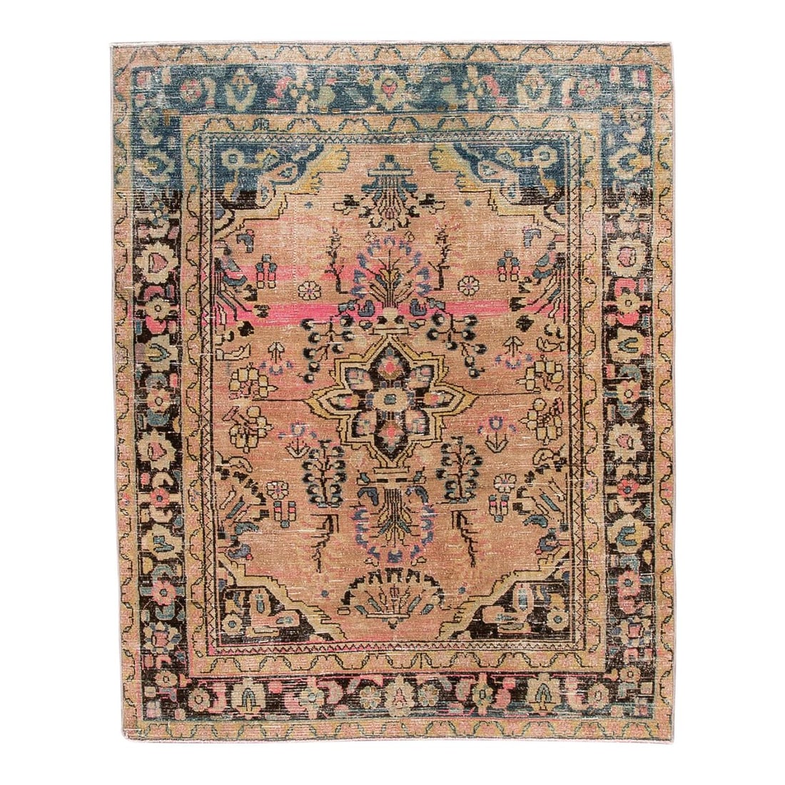 Vintage Persian Handmade Medallion Peach Wool Rug 5'2 x 6'6: Vintage Persian Handmade Medallion Peach Wool Rug 5'2 x 6'6 This exquisite vintage Persian rug showcases a beautiful hand-knotted wool construction with a soft peach field. The distressed finish featu