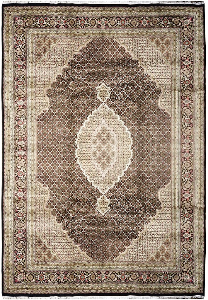 Luxury 8.4 x 11.5 Black Tabriz Mahi Wool Silk Rug Hand-knotted India: Luxury 8.4 x 11.5 Black Tabriz Mahi Wool Silk Rug Hand-knotted India Free continental US Shipping Experience luxury with this exquisite hand-knotted Tabriz rug, featuring a fine weave of 200 KPSI. Cra