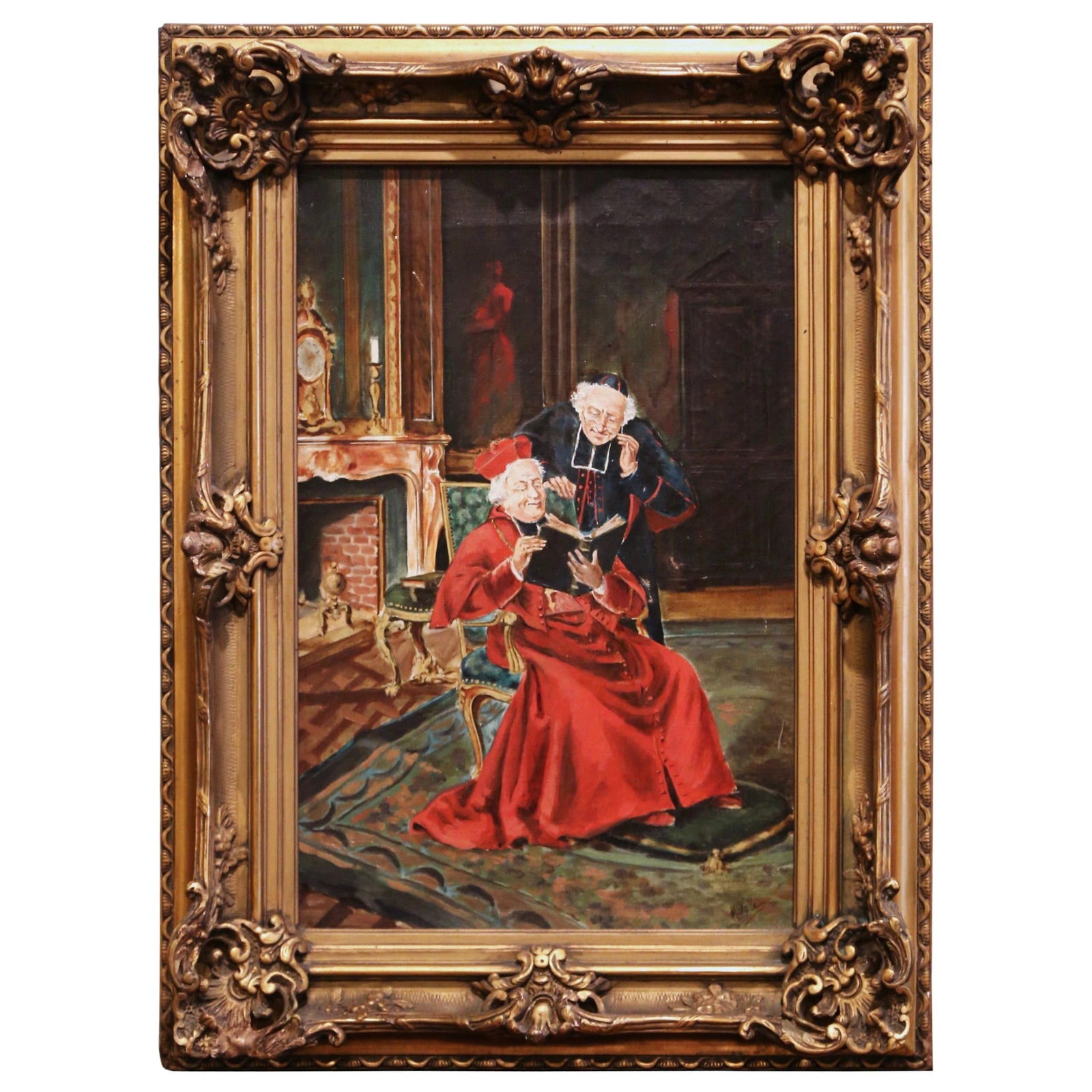 19th Century French Oil Painting L'Eveque a la Lecture by M. Valle in Giltwood Frame: 19th Century French Oil Painting L'Eveque a la Lecture by M. Valle in Giltwood Frame This exquisite 19th Century French oil painting, titled "L'Eveque a la Lecture" (The Bishop Reading), is a captivat