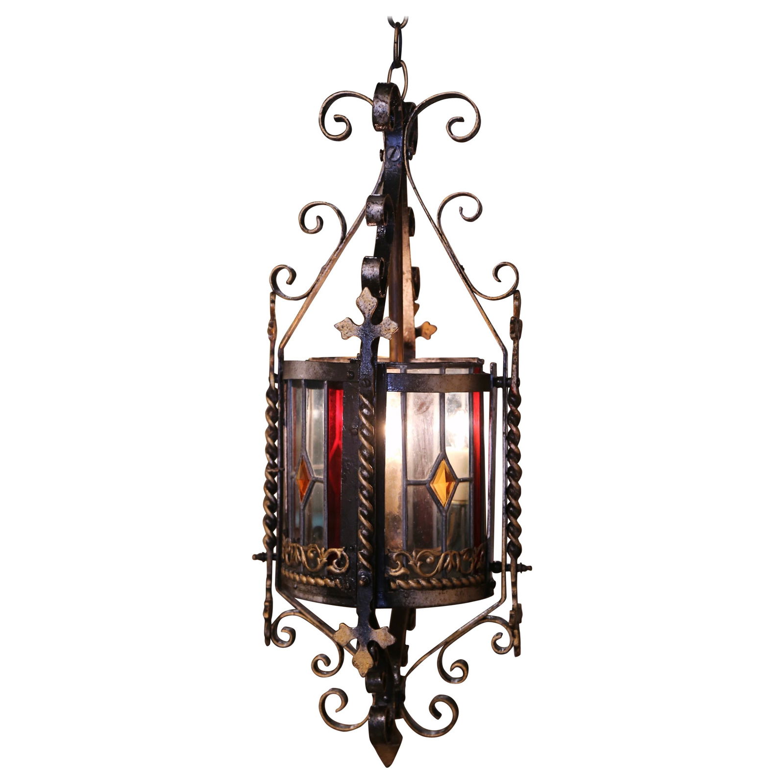 Antique 19th Century French Napoleon III Iron Lantern with Stained Glass: Antique 19th Century French Napoleon III Iron Lantern with Stained Glass Illuminate your space with this exquisite 19th Century French Napoleon III Round Iron Lantern, a stunning example of antique cr