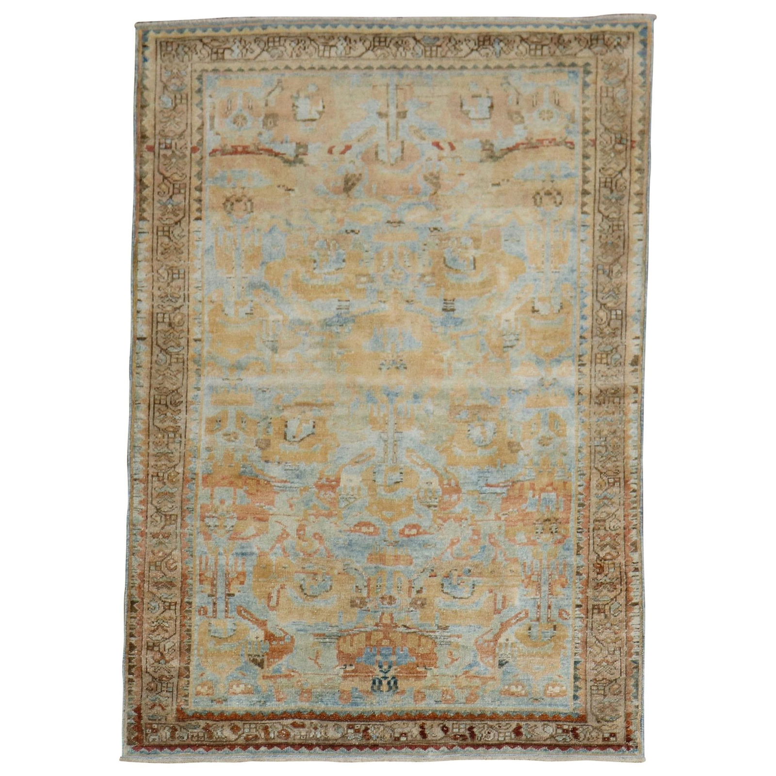 Vintage Hand-Woven Persian Throw Rug Sky Blue Peach Accent 41x56: Vintage Hand-Woven Persian Throw Rug Sky Blue Peach Accent 41x56 Enhance your living space with this exquisite hand-woven Persian throw rug, featuring a stunning sky blue field complemented by peach a