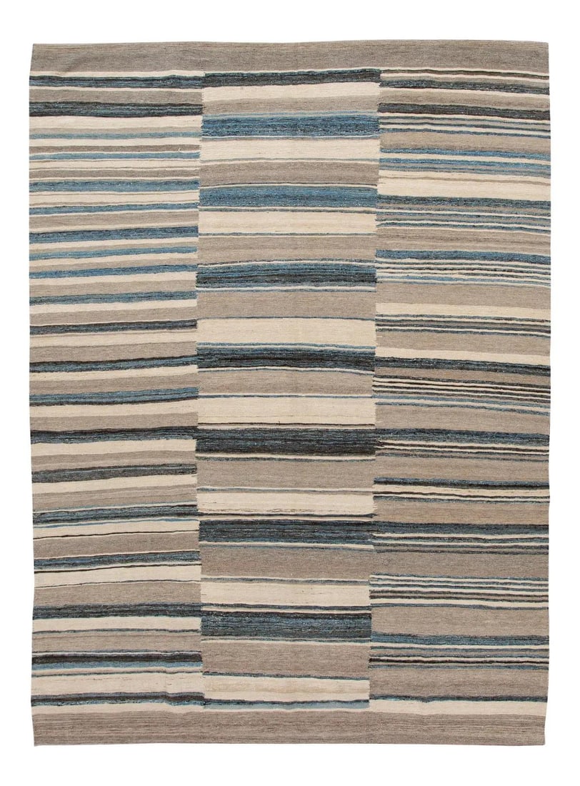 Handmade Modern Kilim Wool Rug 9' x 12'1' Beige Blue Abstract Design: Handmade Modern Kilim Wool Rug 9' x 12'1' Beige Blue Abstract Design Enhance your living space with this stunning Modern Flat-Weave Kilim Wool Rug. Handcrafted with care, this beautiful rug features a