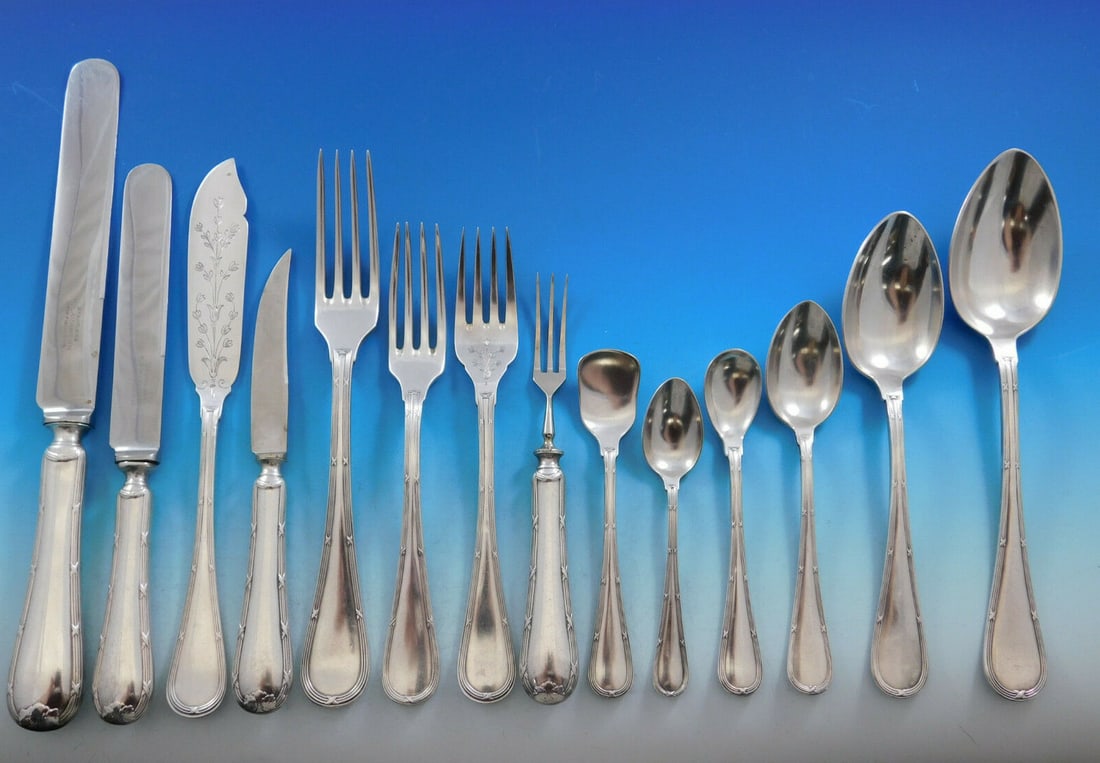 Bougainville Silverplate Flatware Set by Hacker & Hermann 175 Pieces with Storage Chest: Bougainville Silverplate Flatware Set by Hacker & Hermann 175 Pieces with Storage Chest Experience the elegance of dining with this superb Bougainville silverplate flatware set by Hacker & Hermann fro