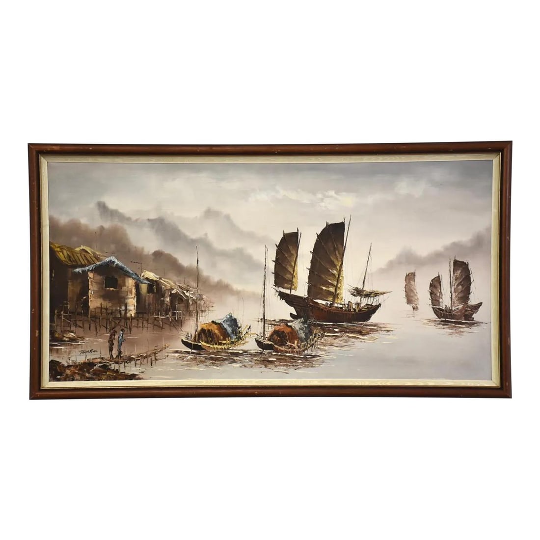 Tang Pins Coastal Village Oil Painting on Canvas 50.5x27: Tang Pins Coastal Village Oil Painting on Canvas 50.5x27 Experience the beauty of coastal life with this stunning oil on canvas painting by Tang Pins. Featuring a vibrant landscape adorned with villag