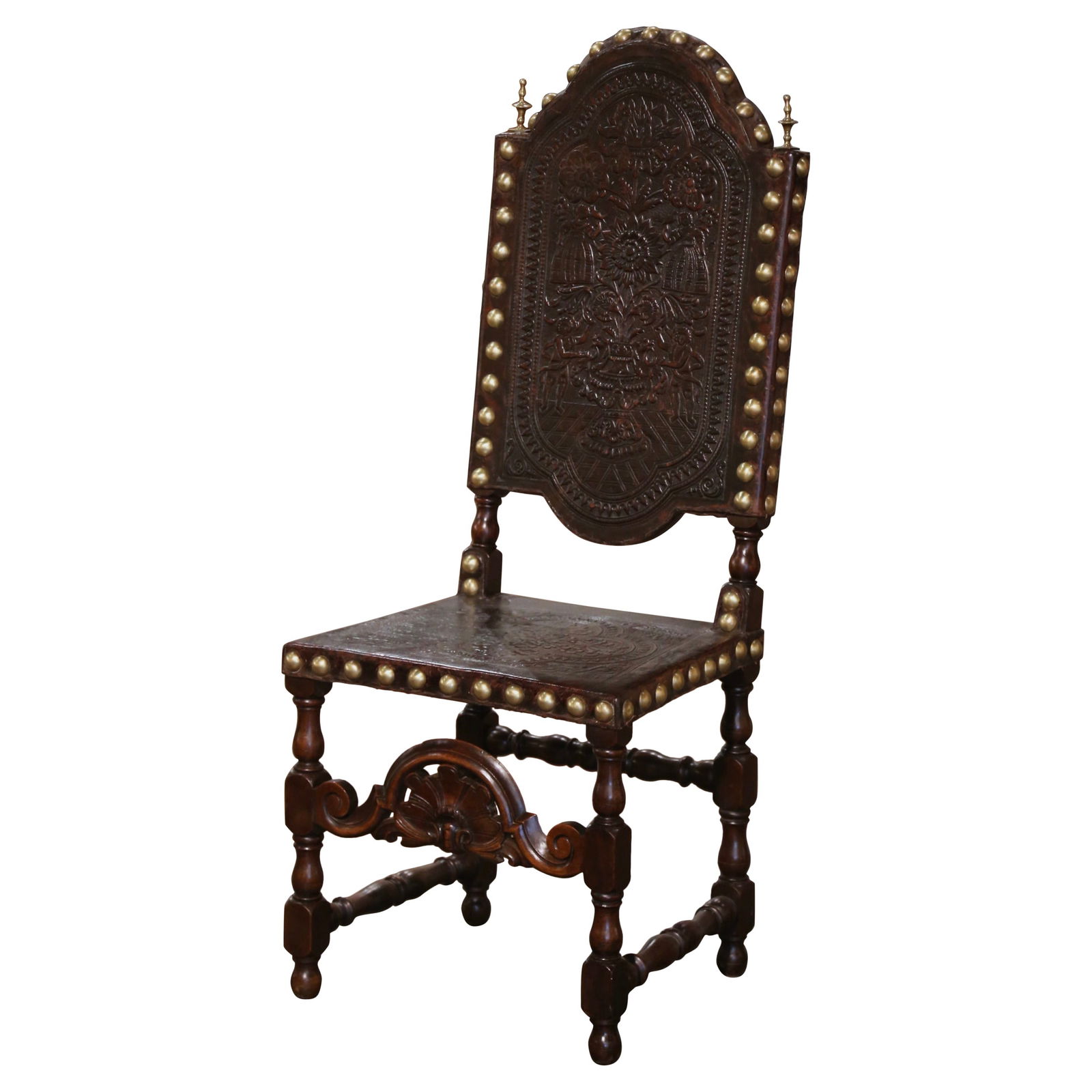 18th Century Renaissance Portuguese Walnut Chair with Embossed Leather: 18th Century Renaissance Portuguese Walnut Chair with Embossed Leather This exquisite 18th Century Portuguese carved walnut chair showcases the elegance of Renaissance design. Standing at 52 inches ta