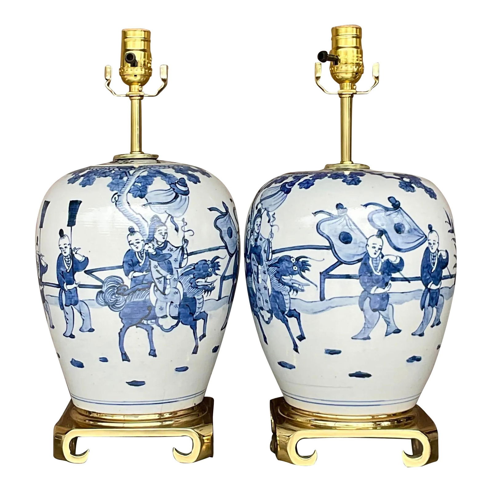Pair of Vintage Asian Blue White Ceramic Table Lamps: Pair of Vintage Asian Blue White Ceramic Table Lamps This exquisite pair of vintage Asian table lamps showcases a stunning blue and white glazed ceramic design, featuring a beautifully hand-painted pa